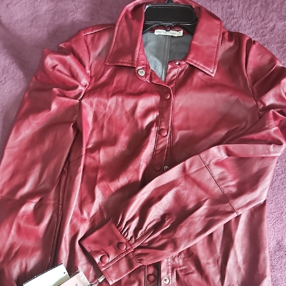 Avec Les Filles Red Leather Jacket Classic Collar